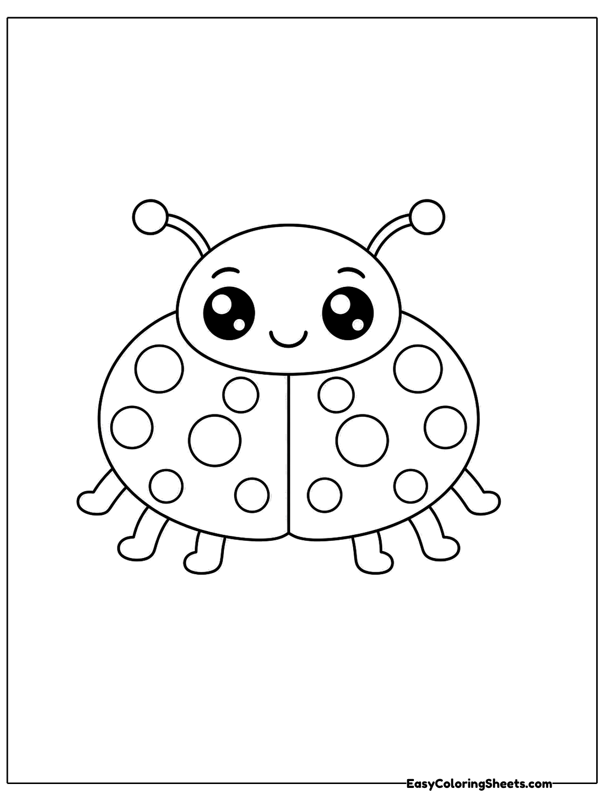 A smiling ladybug faces forward, showing the line down the middle of its spotted shell and its six legs spread out.