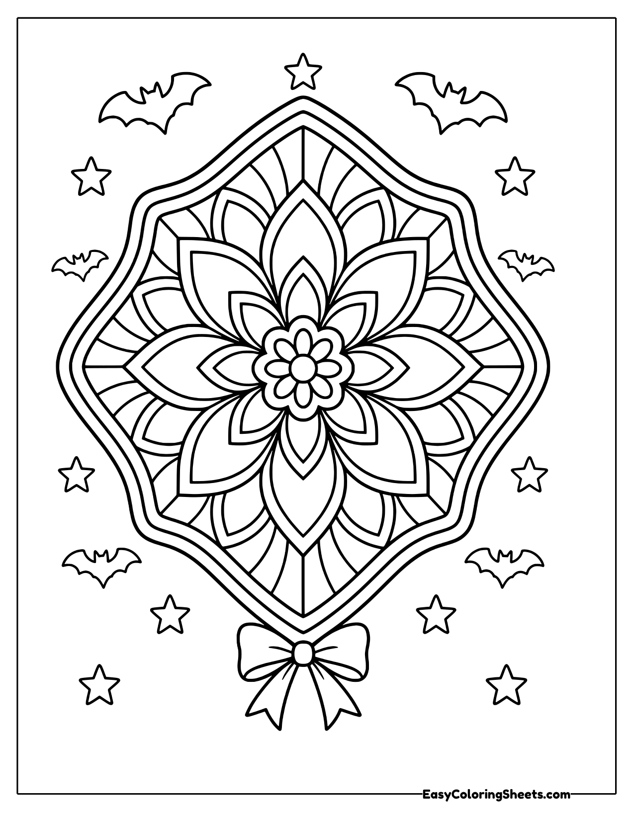 Diamond kite mandala with a flower center and bow tail, surrounded by bats and stars