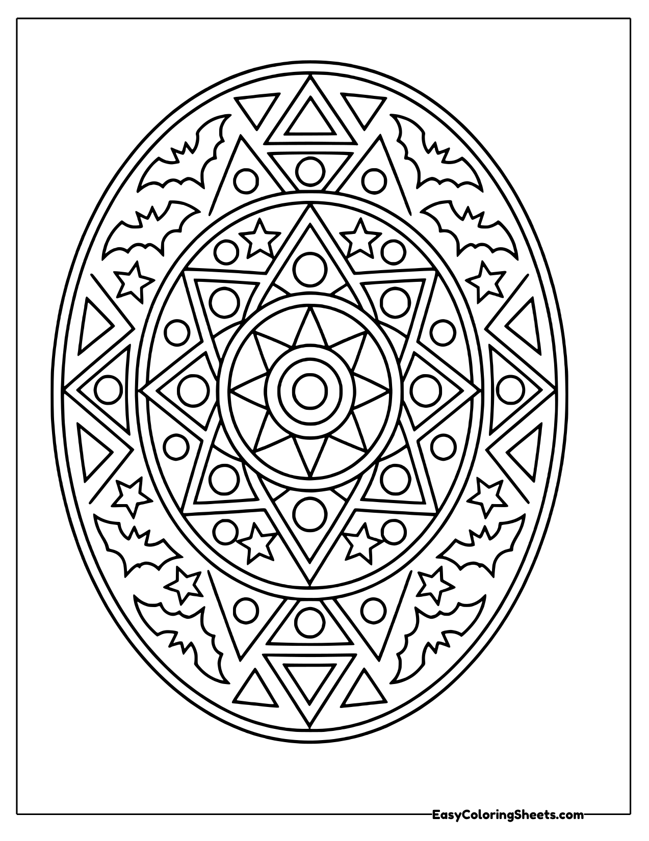 Geometric Halloween mandala with star and triangle rings