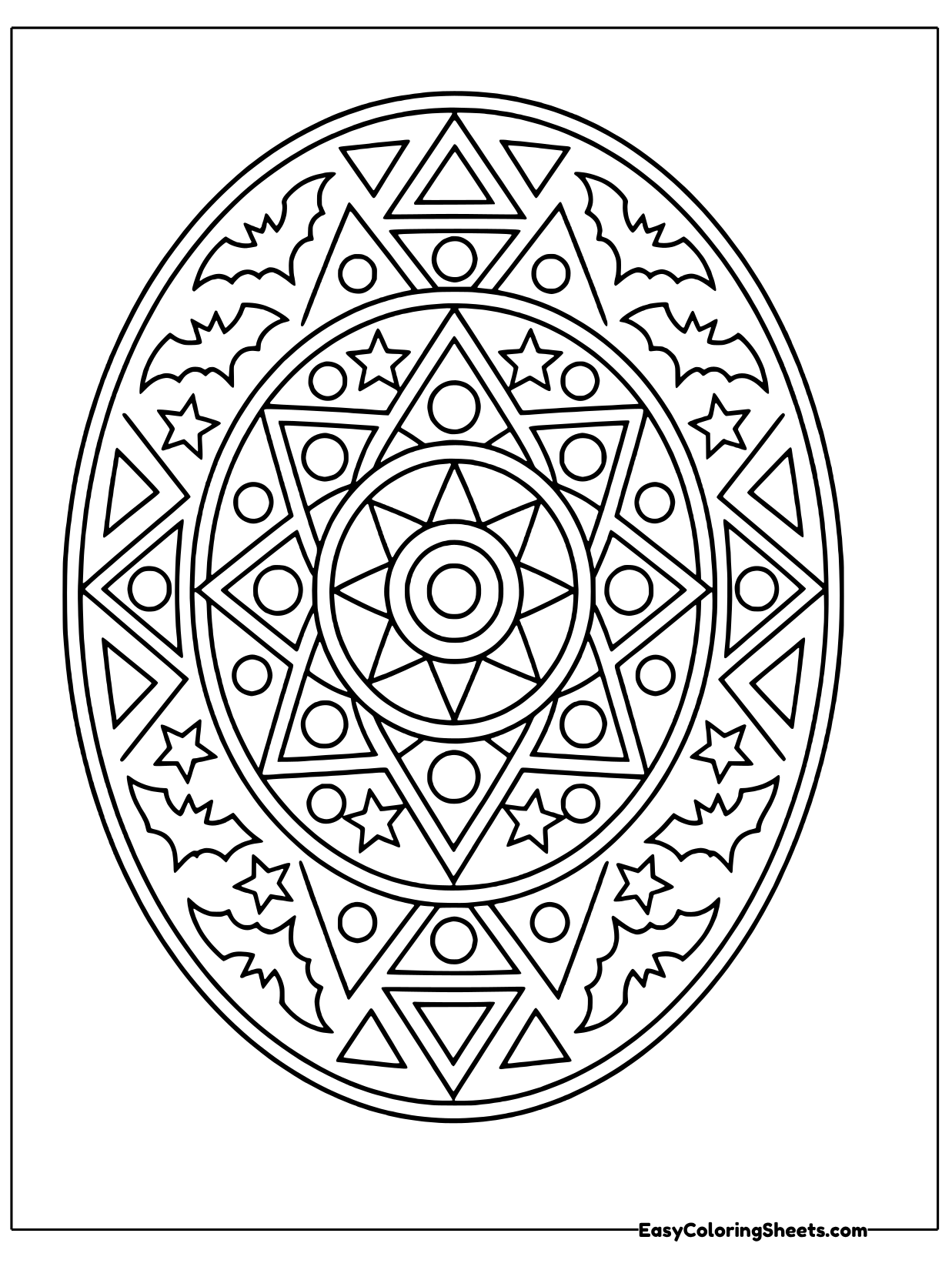 Sharp triangles, diamonds and a central star form this geometric mandala, arranged in rings that radiate outward.