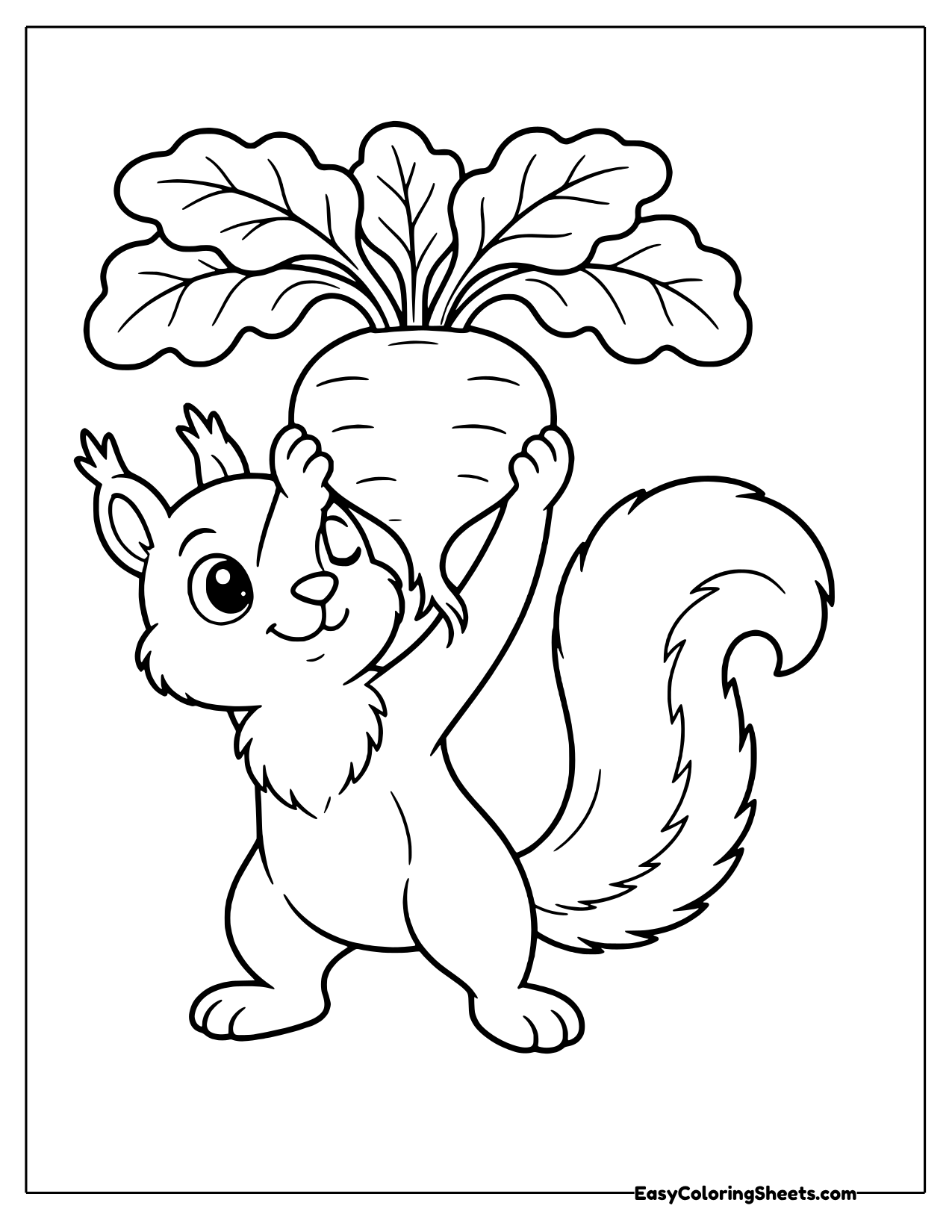 Proud squirrel lifting a big beet with wide leafy greens overhead