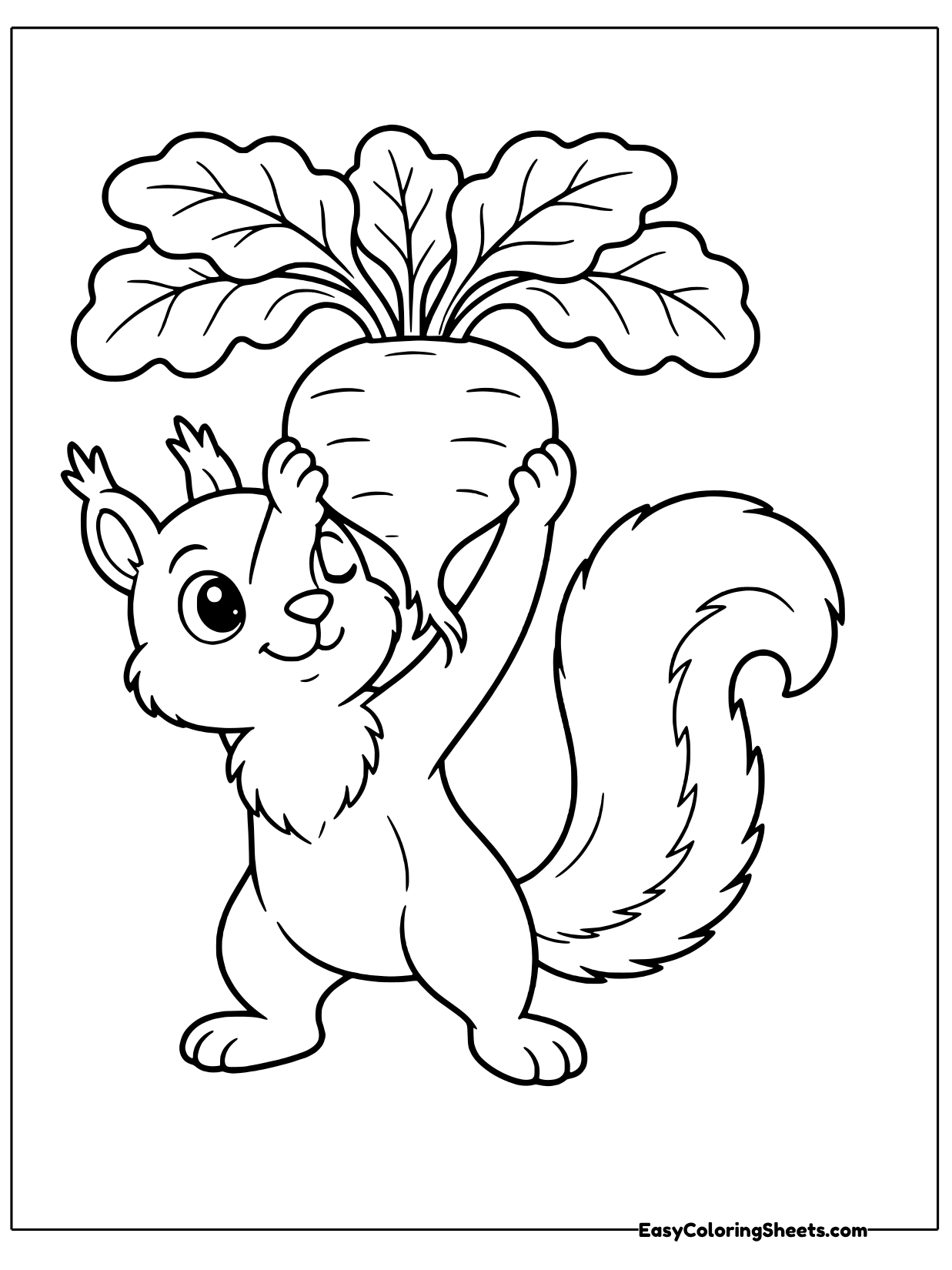 A proud little squirrel hoists a big beet over its head, with wide leafy greens fanning out on top like a crown.
