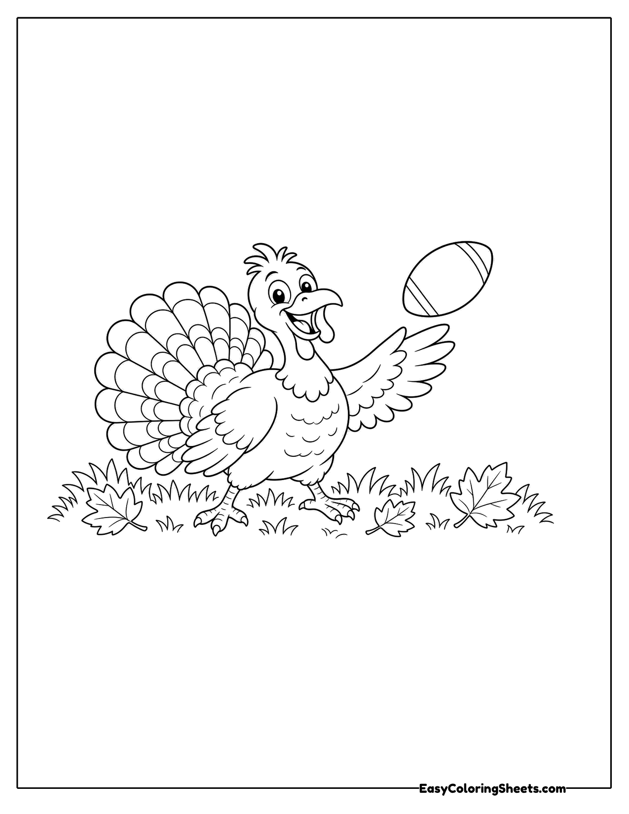 Turkey throwing a football in a leafy yard