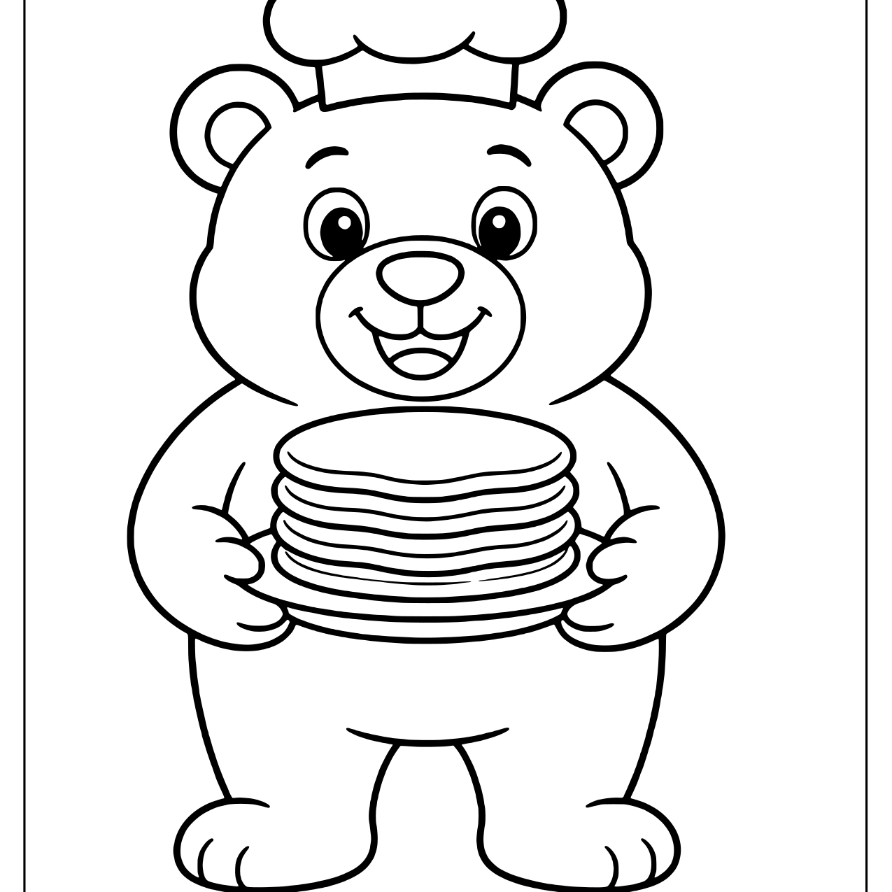 Bear in a chef hat holding a plate with a tall stack of pancakes