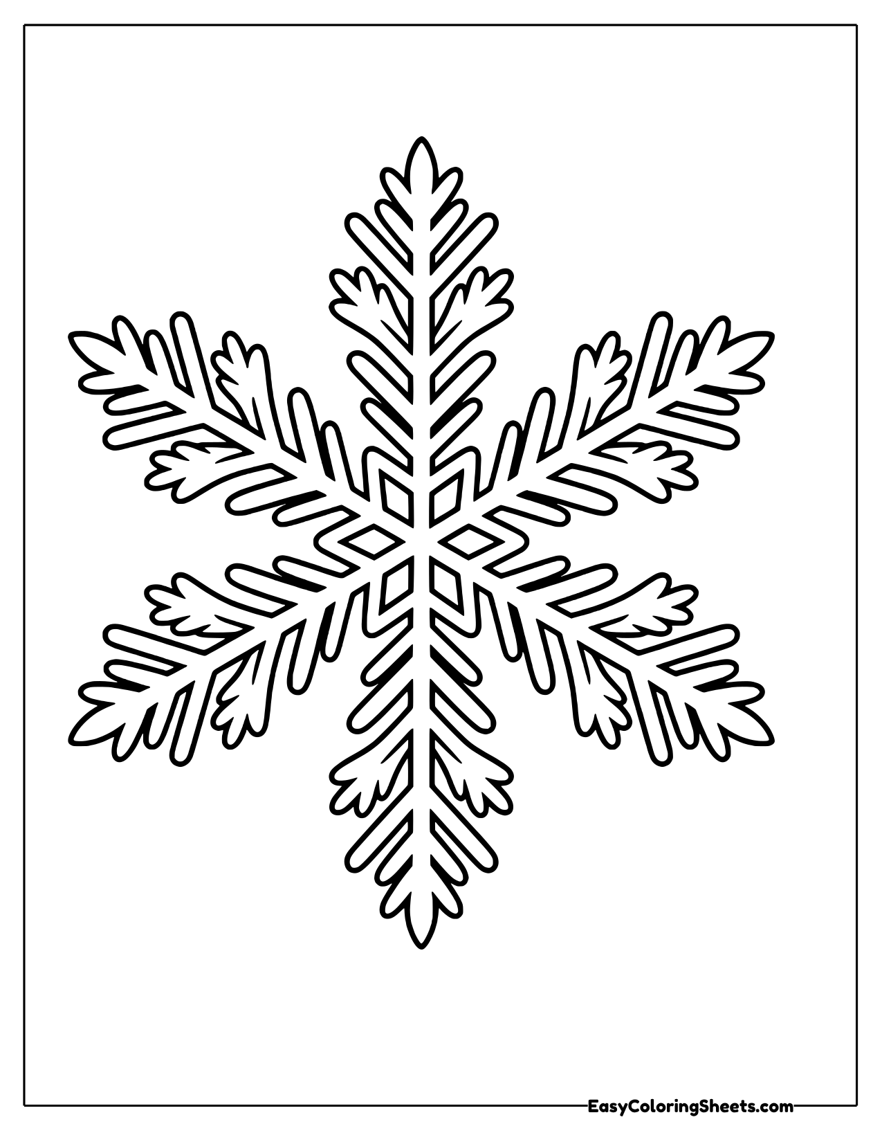 Six-arm snowflake with feathered branches pointing up