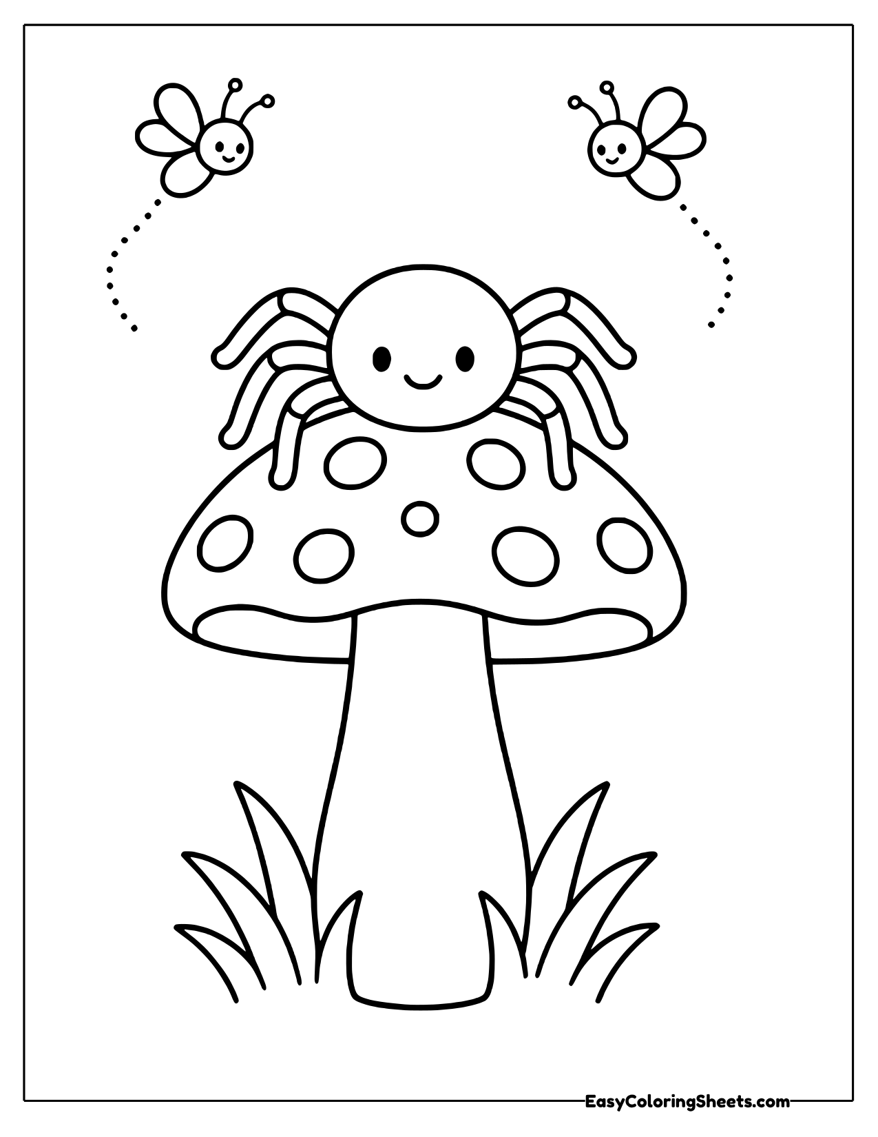 Spider sitting on a tall spotted mushroom with bees