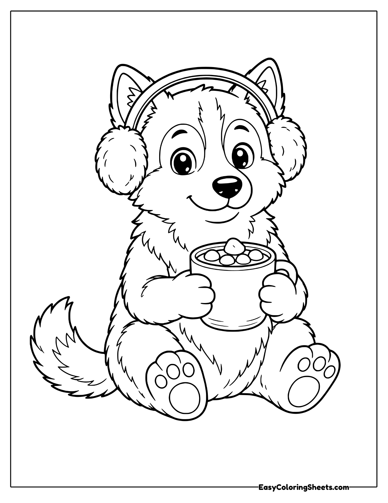 Husky in earmuffs holding a mug of cocoa