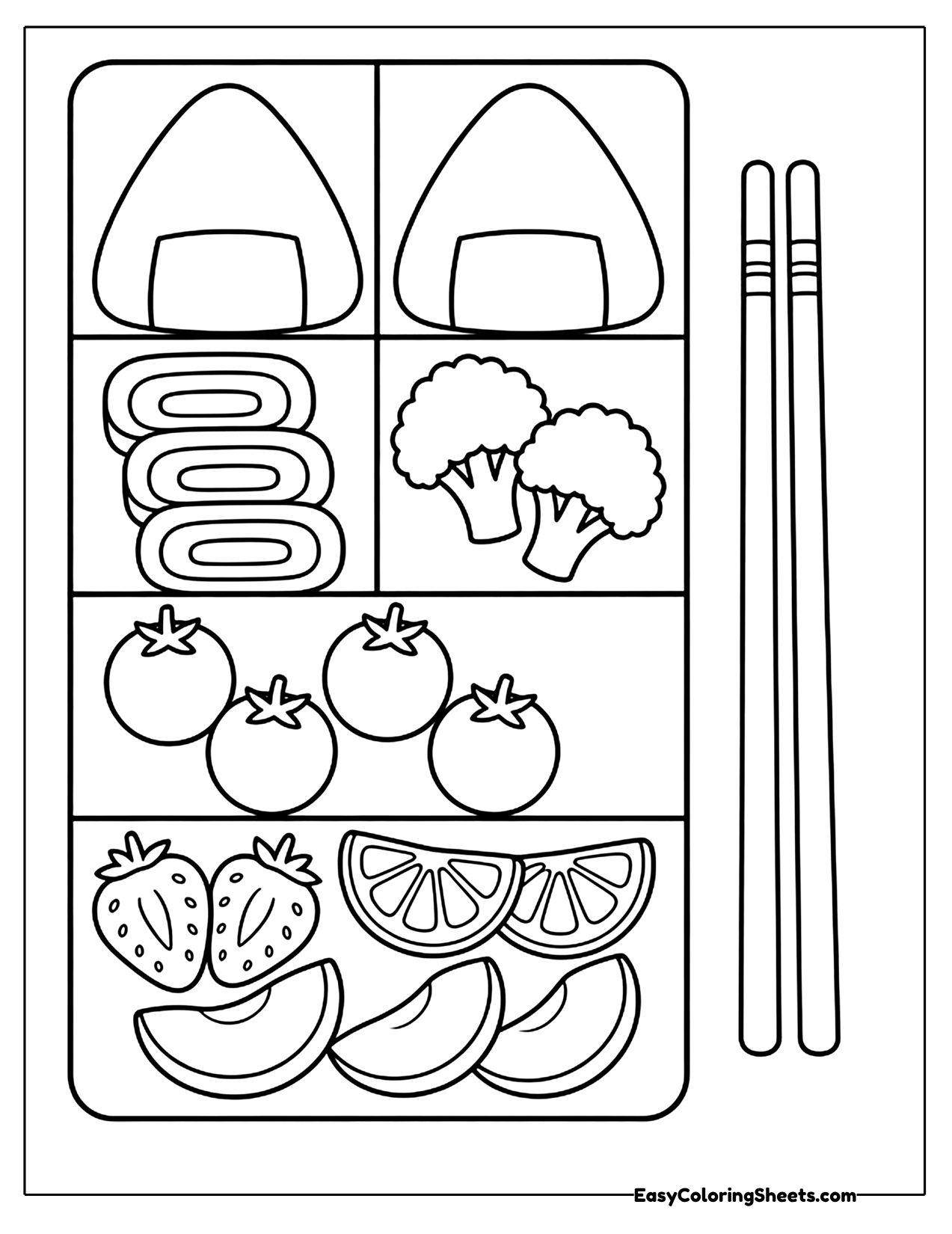 Bento box lunch with rice balls, rolls and fruit