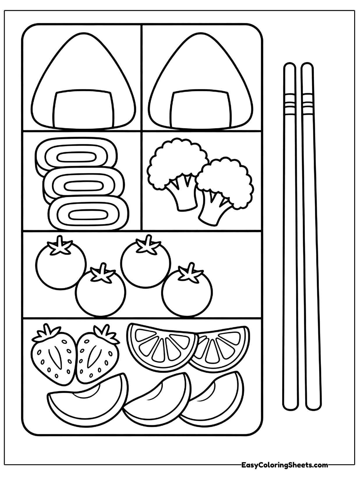 A divided lunch box holds rice balls, rolled sushi, broccoli, tomatoes and fruit slices in neat compartments.