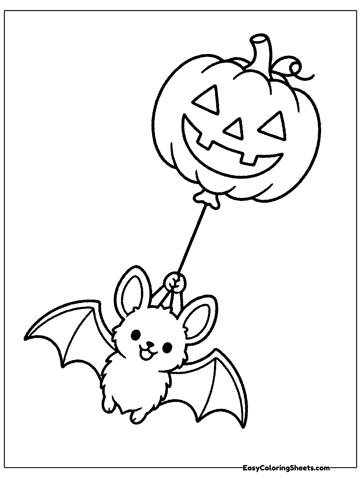 A cute little bat flaps its wide wings while holding the string of a jack-o'-lantern balloon floating above it.