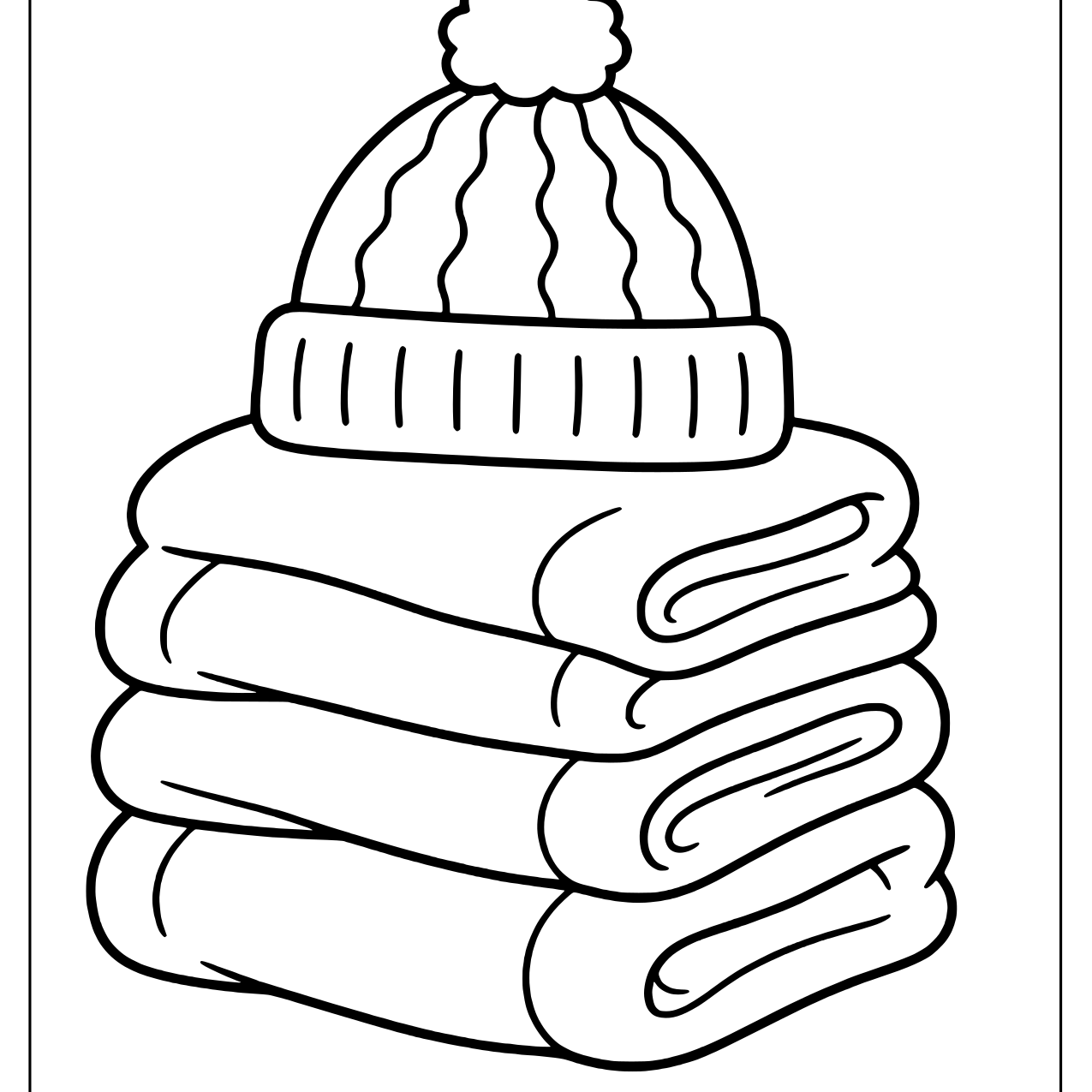 Coloring sheet of a pom pom beanie resting on three folded hoodies