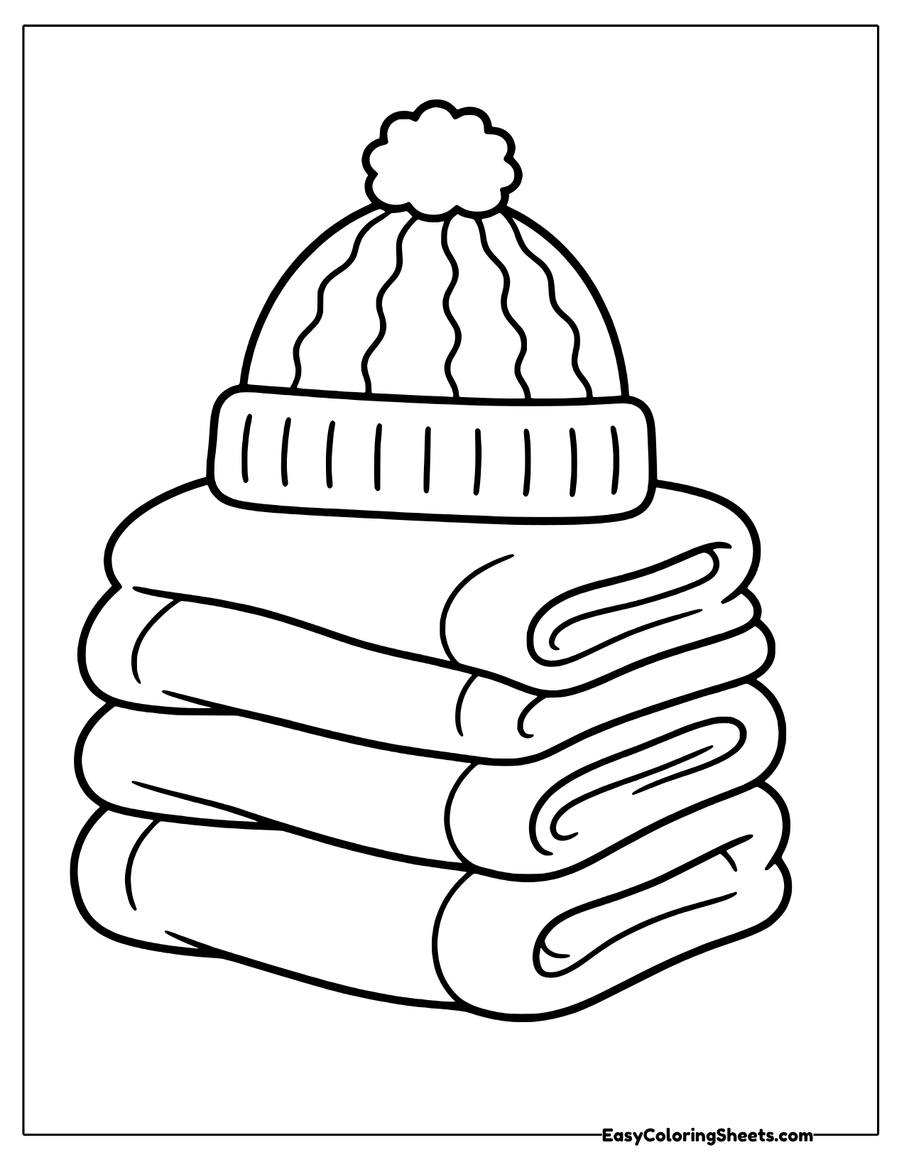 Coloring sheet of a pom pom beanie resting on three folded hoodies
