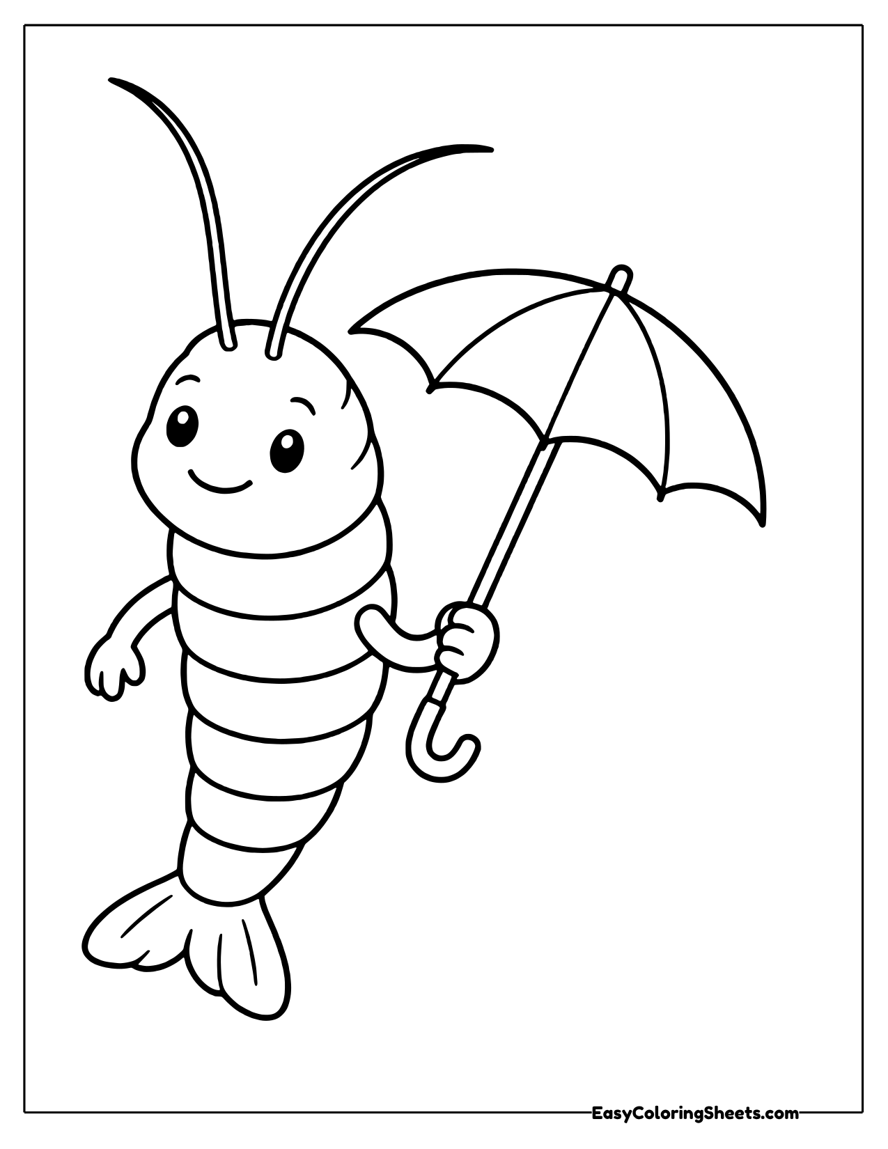 Cheerful cartoon shrimp holding a small umbrella over its shoulder
