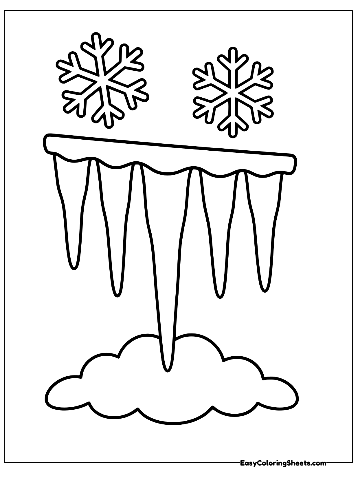 A cluster of long icicles hangs from a ledge above a soft snowdrift, with snowflakes floating overhead.