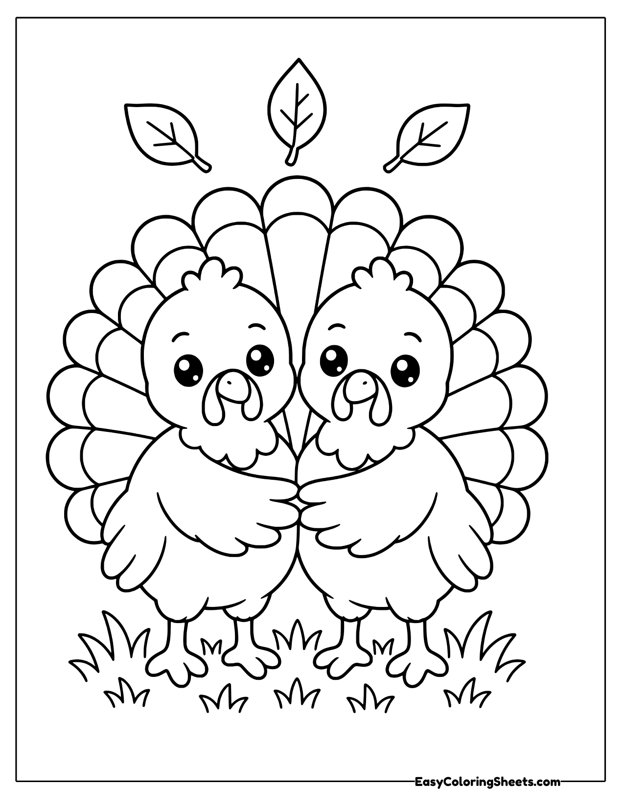 Two turkey friends standing together in front of a shared tail fan