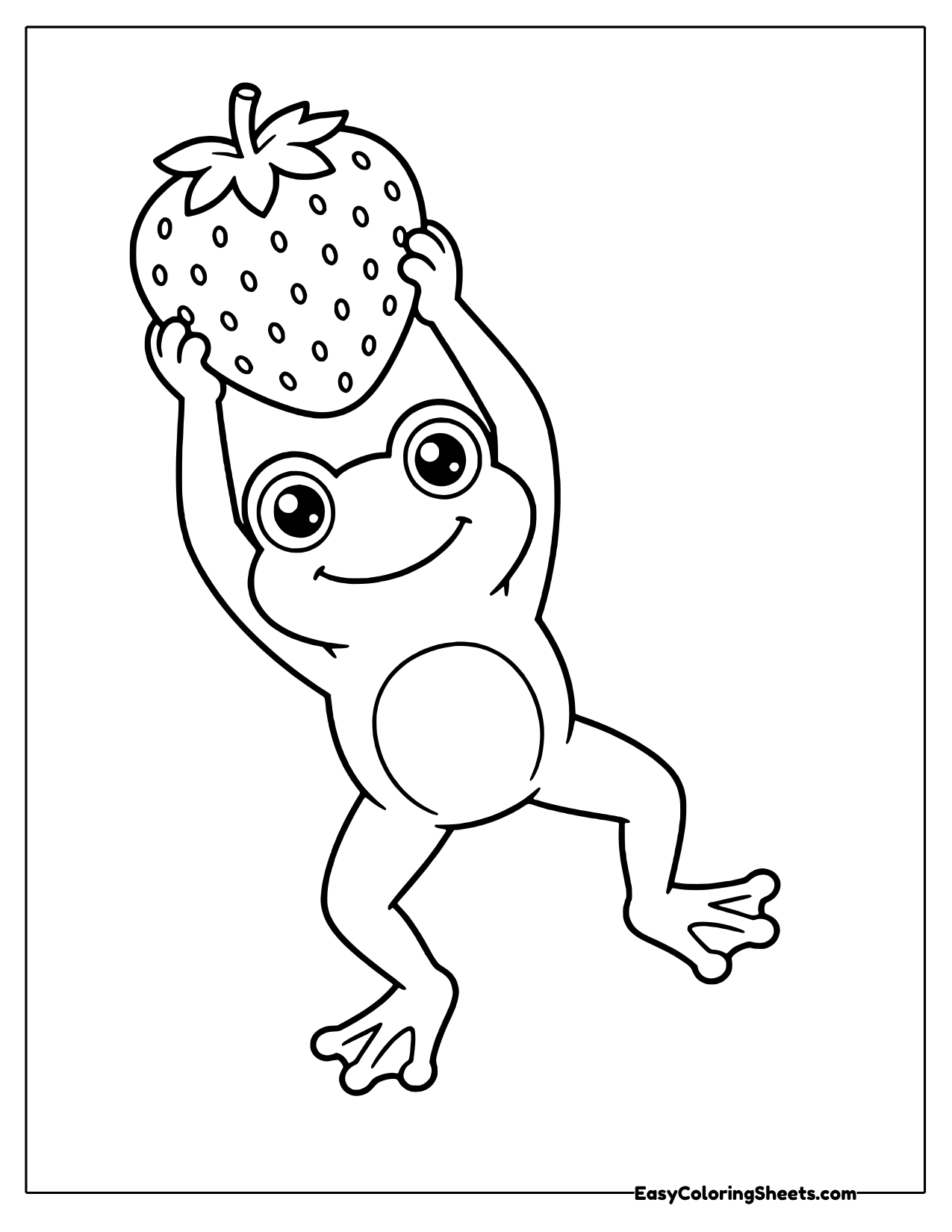 Happy frog kicking one leg while lifting a plump strawberry