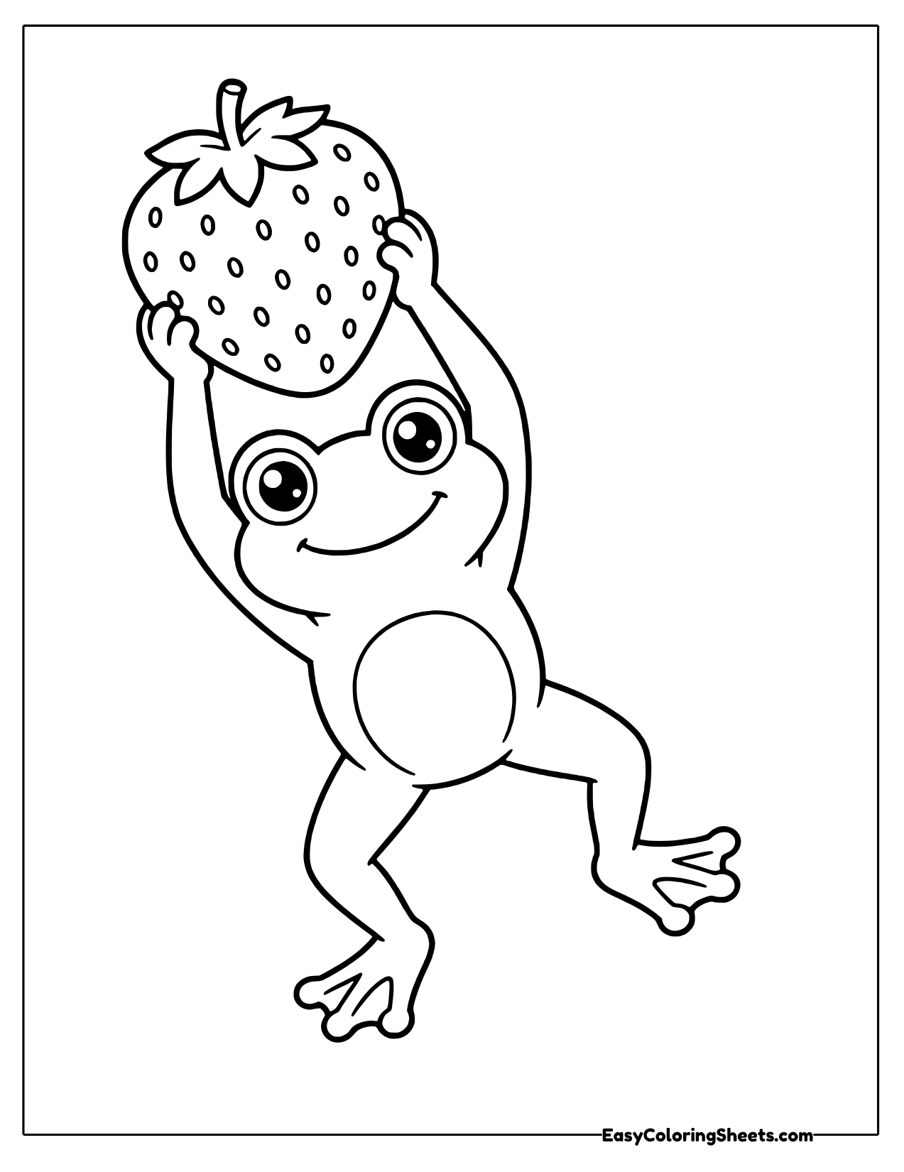 Happy frog kicking one leg while lifting a plump strawberry
