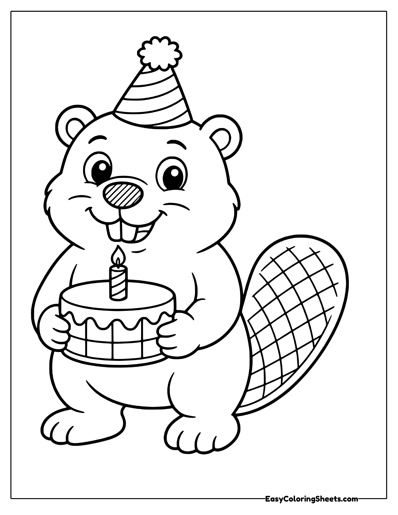 Beaver in a party hat holding a birthday cake with one candle