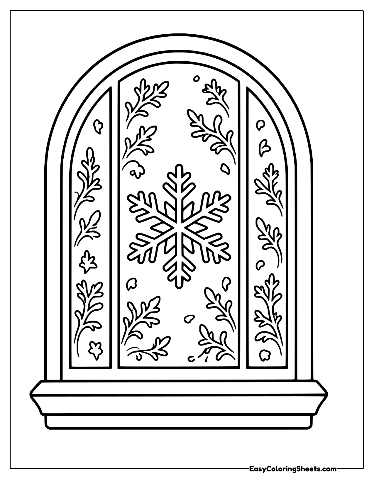 Frosted arched window with snowflake patterns