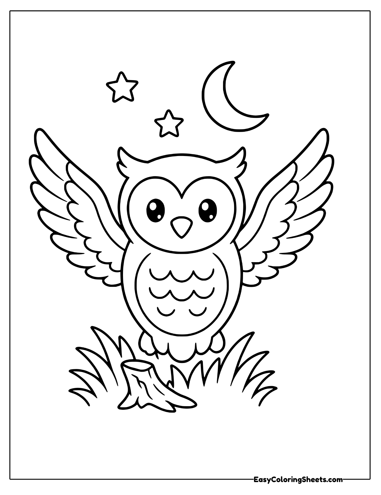 Owl flying up under a crescent moon