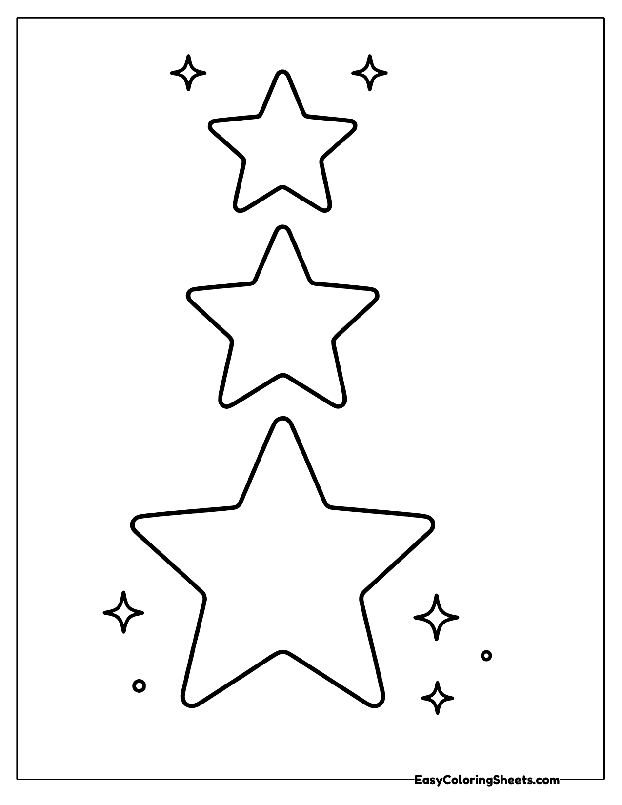 Three stars line up from smallest at the top to largest at the bottom, with sparkles and dots around them.