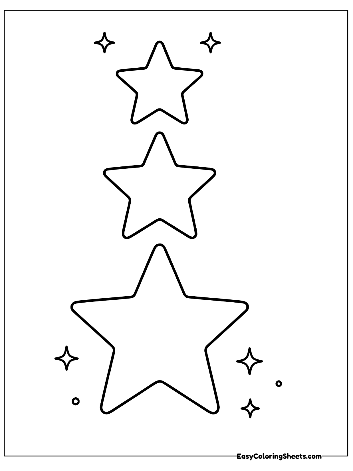 Three stars line up from smallest at the top to largest at the bottom, with sparkles and dots around them.