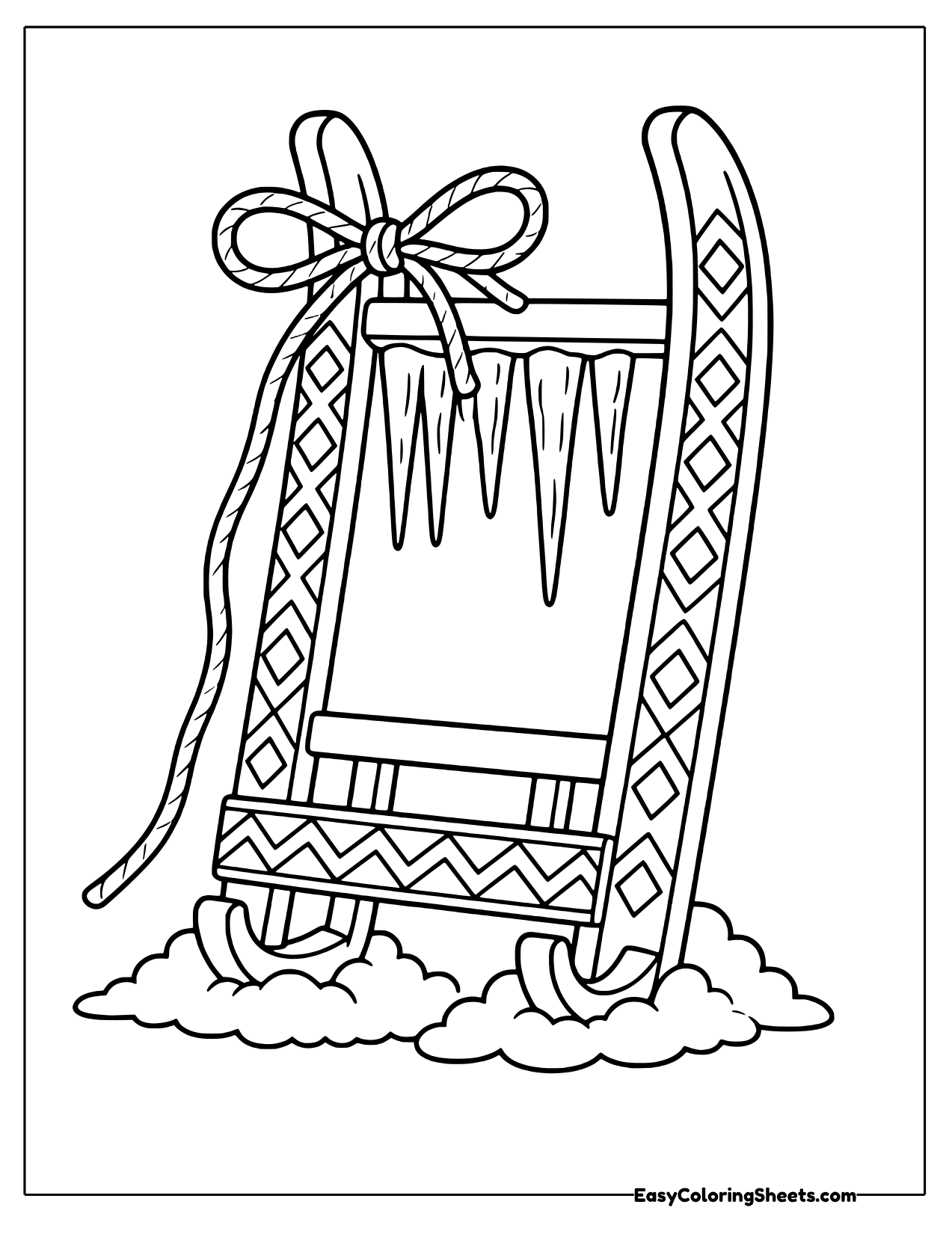 Sled with zigzag patterns, a bow and icicles