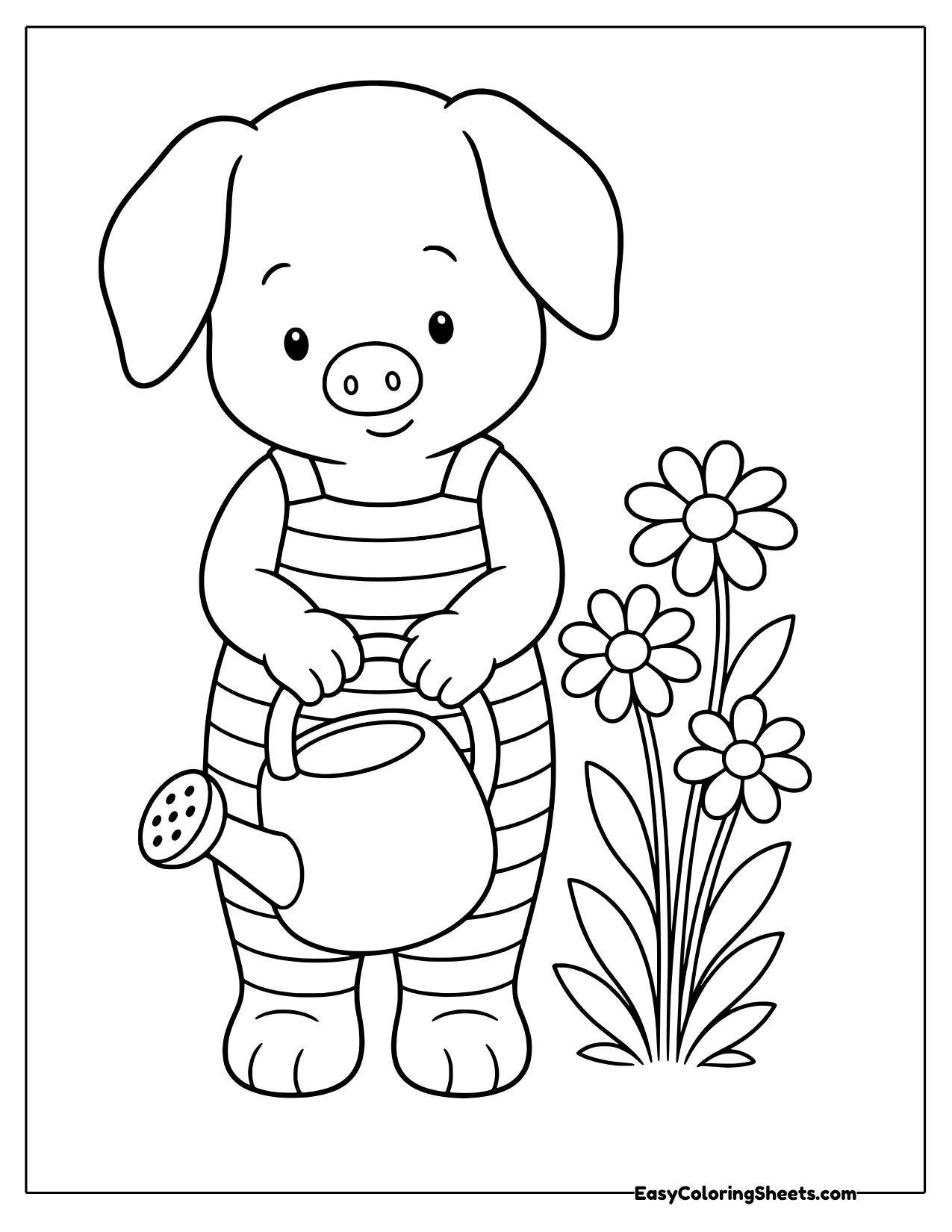 Piglet holding a watering can beside a tall bunch of daisies