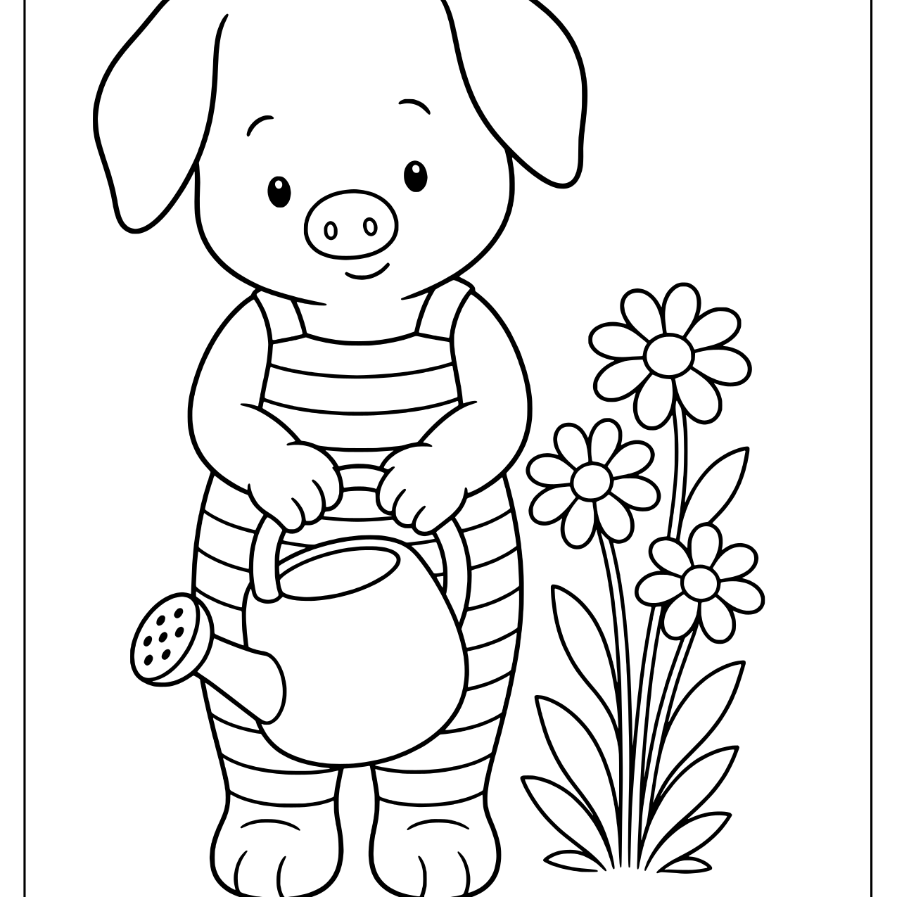 Piglet holding a watering can beside a tall bunch of daisies