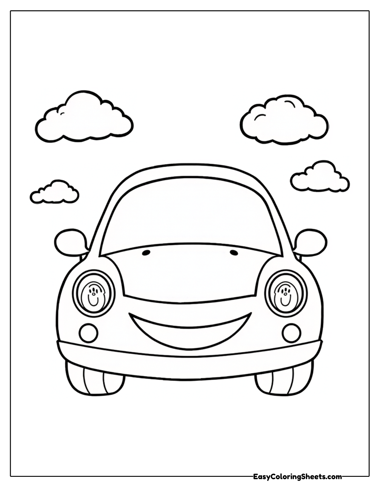Front view car under two puffy clouds