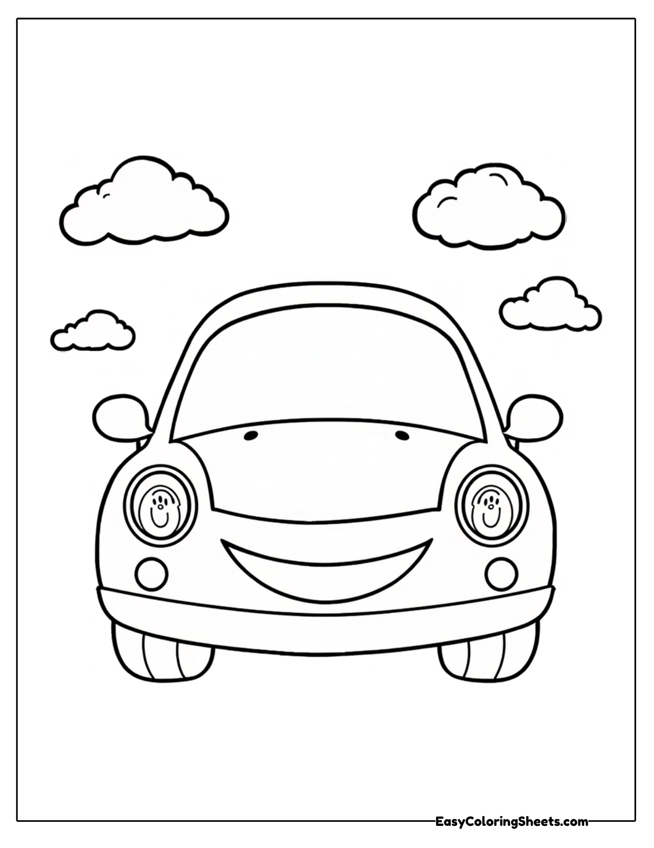 Front view car under two puffy clouds