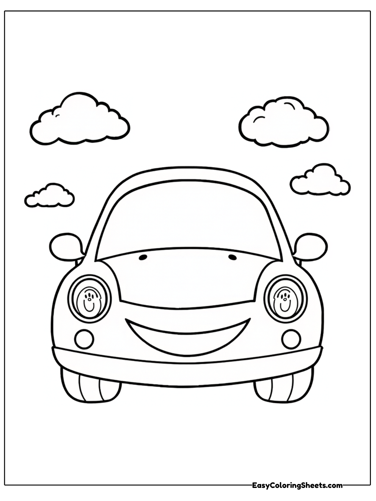 A big smiling car faces forward with wide headlight eyes while two puffy clouds float in the sky above.