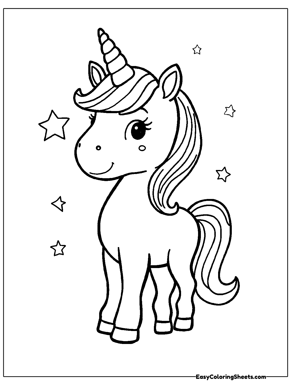 A unicorn with a spiral horn and a long flowing mane stands tall while tiny stars twinkle around it.