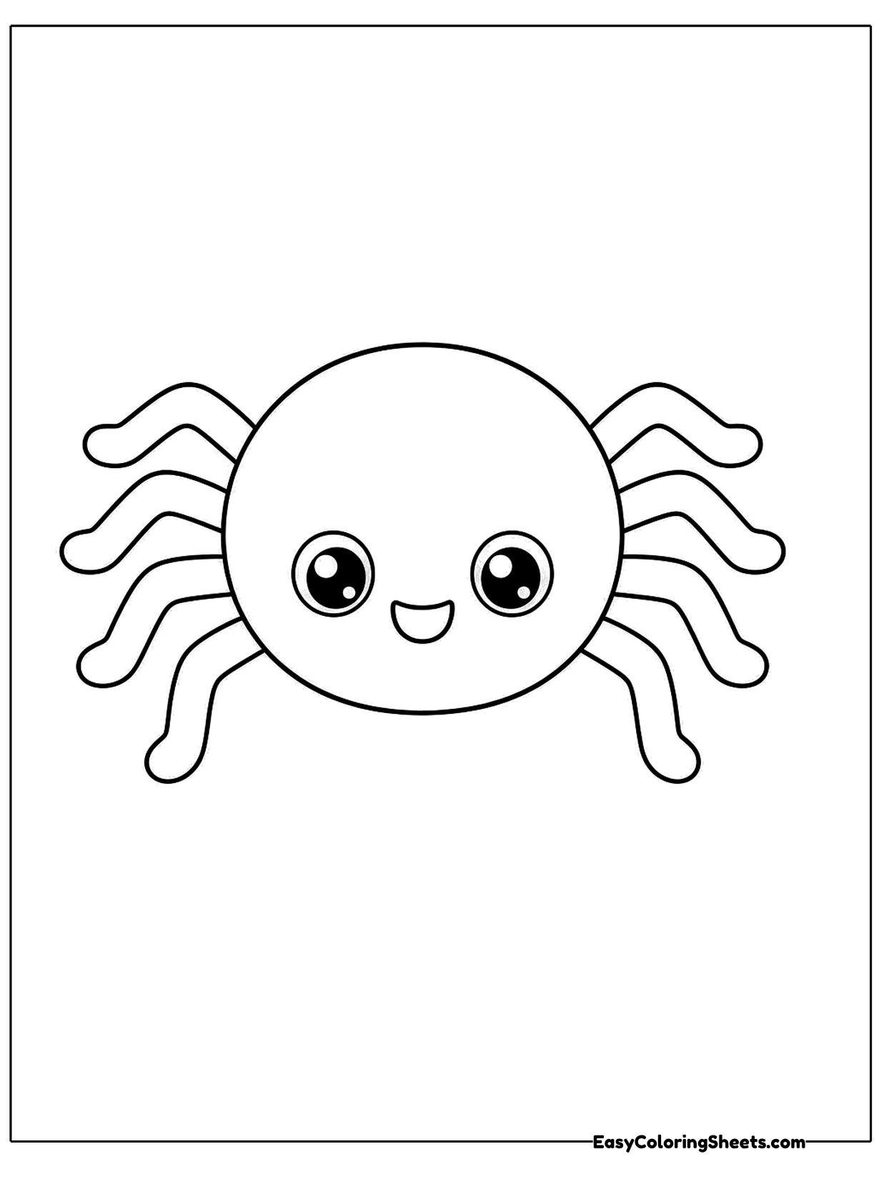 A friendly spider with a round body and wide grin shows off eight wiggly legs on this simple page.