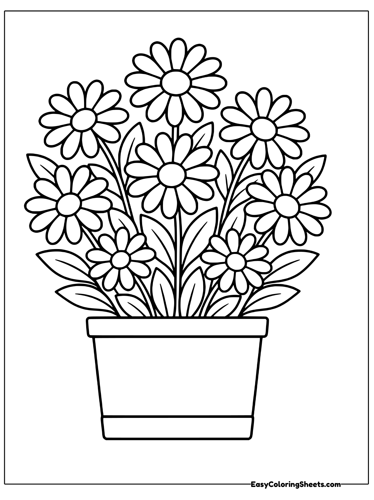 A rectangular planter overflows with a bushy cluster of daisies and leaves.