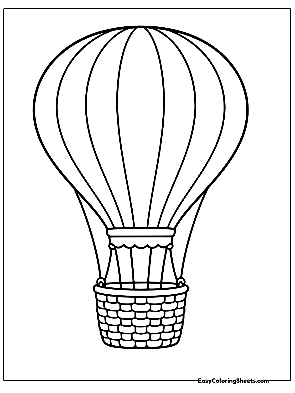 A classic hot air balloon with vertical stripes from top to bottom hangs above a sturdy woven basket.