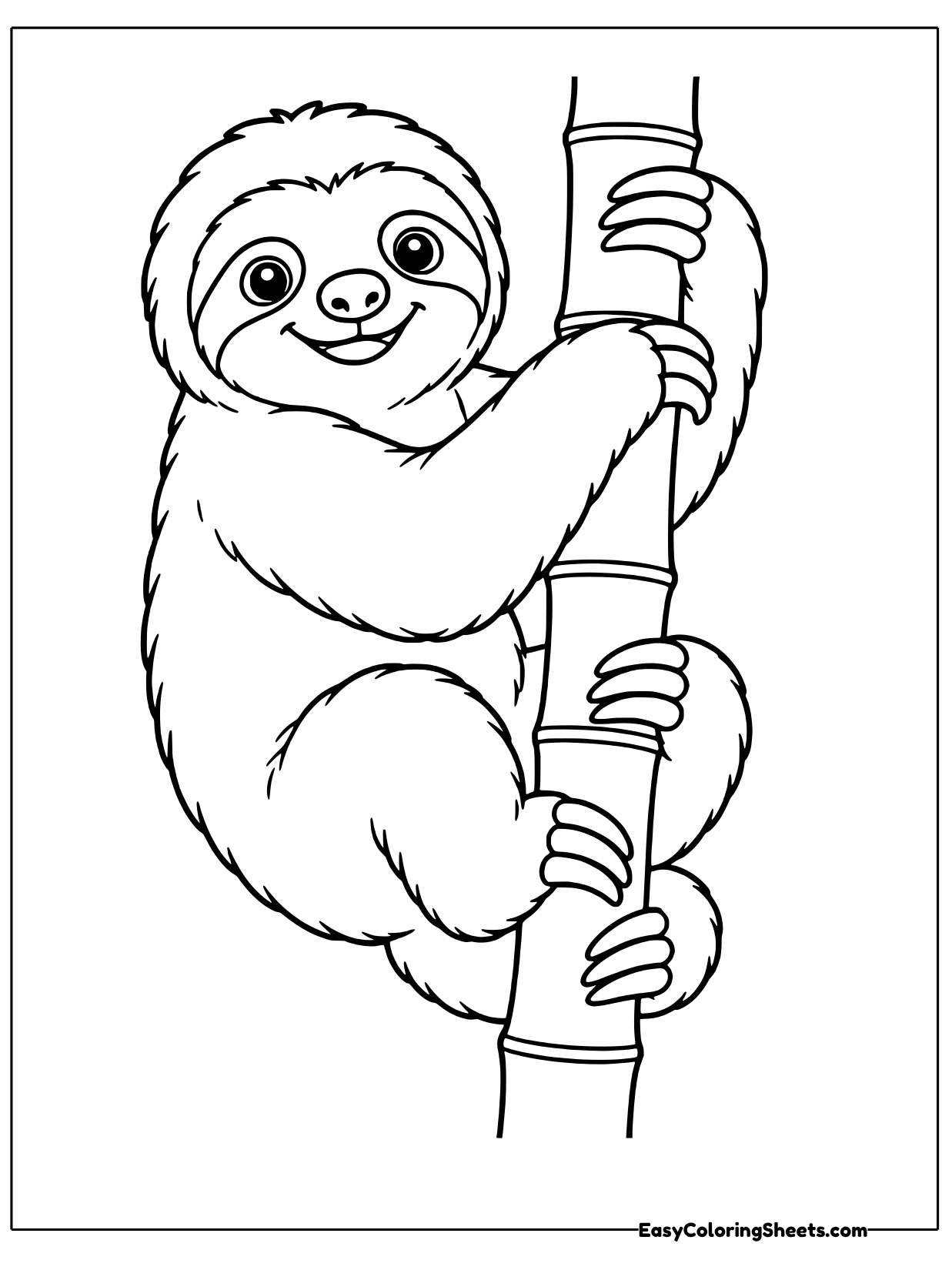 A smiling sloth wraps its long arms and legs around a segmented bamboo pole as it inches upward.
