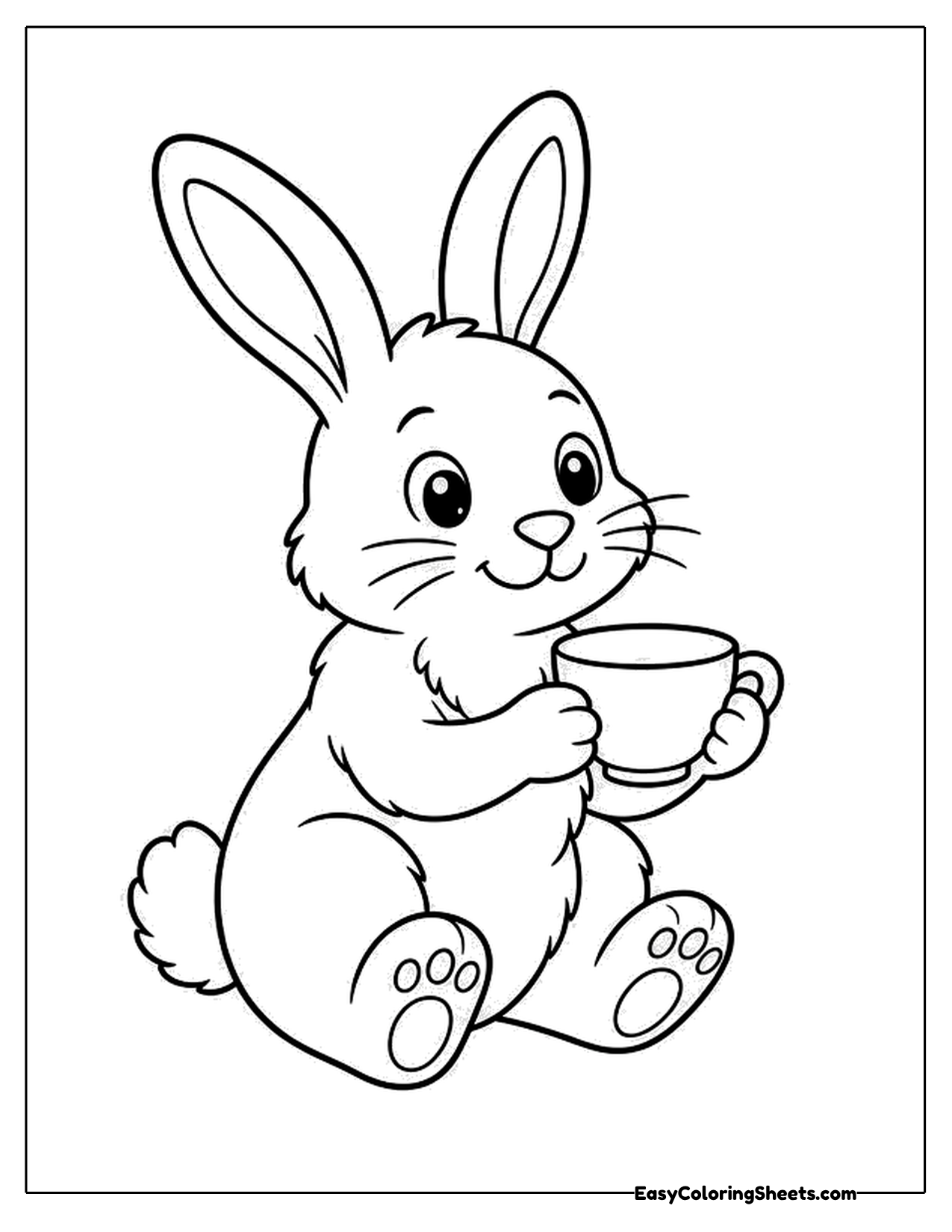 Bunny holding a teacup and sitting with its feet forward