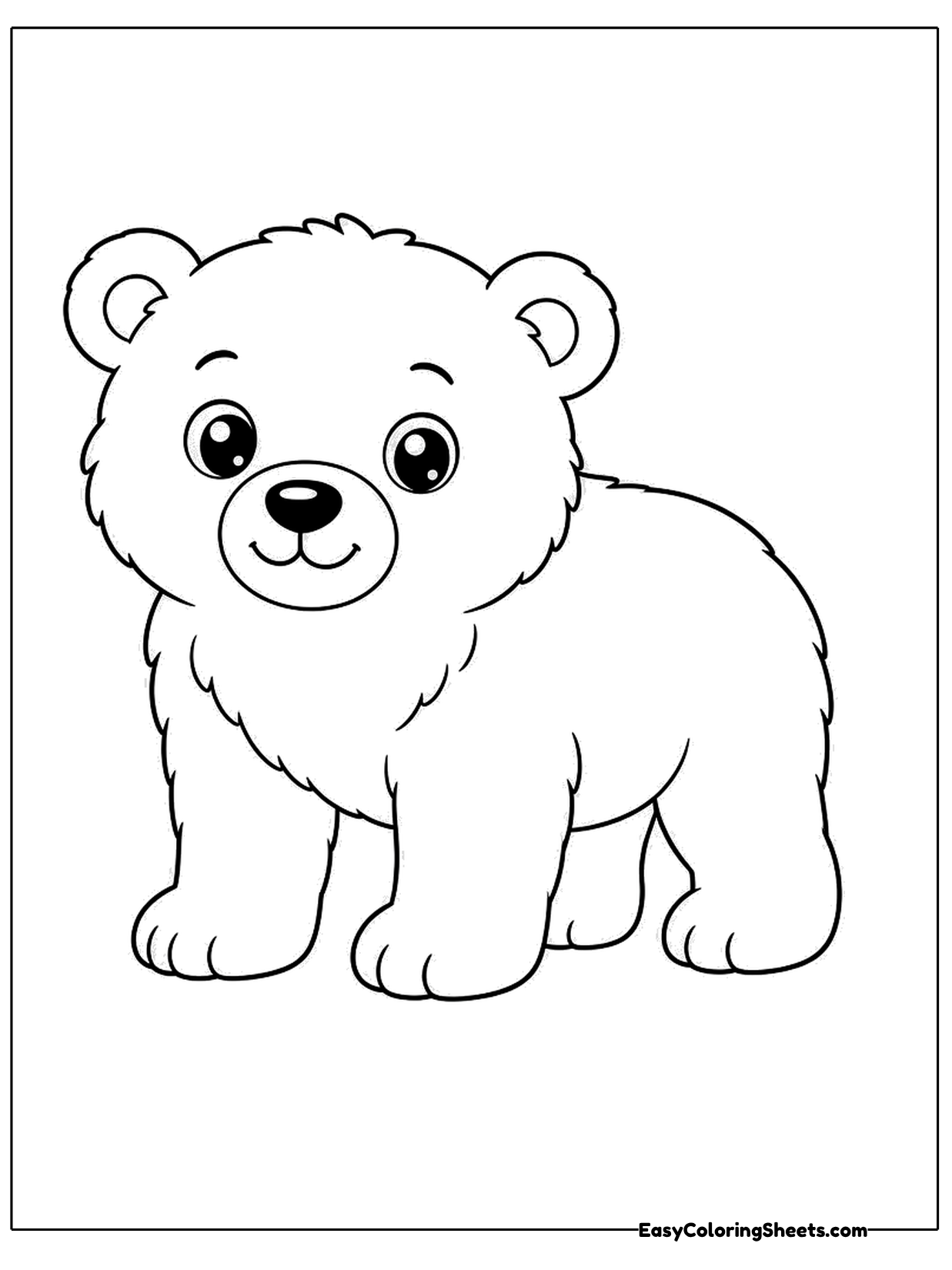 A cute polar bear walks on four legs with fluffy fur and a small black nose.