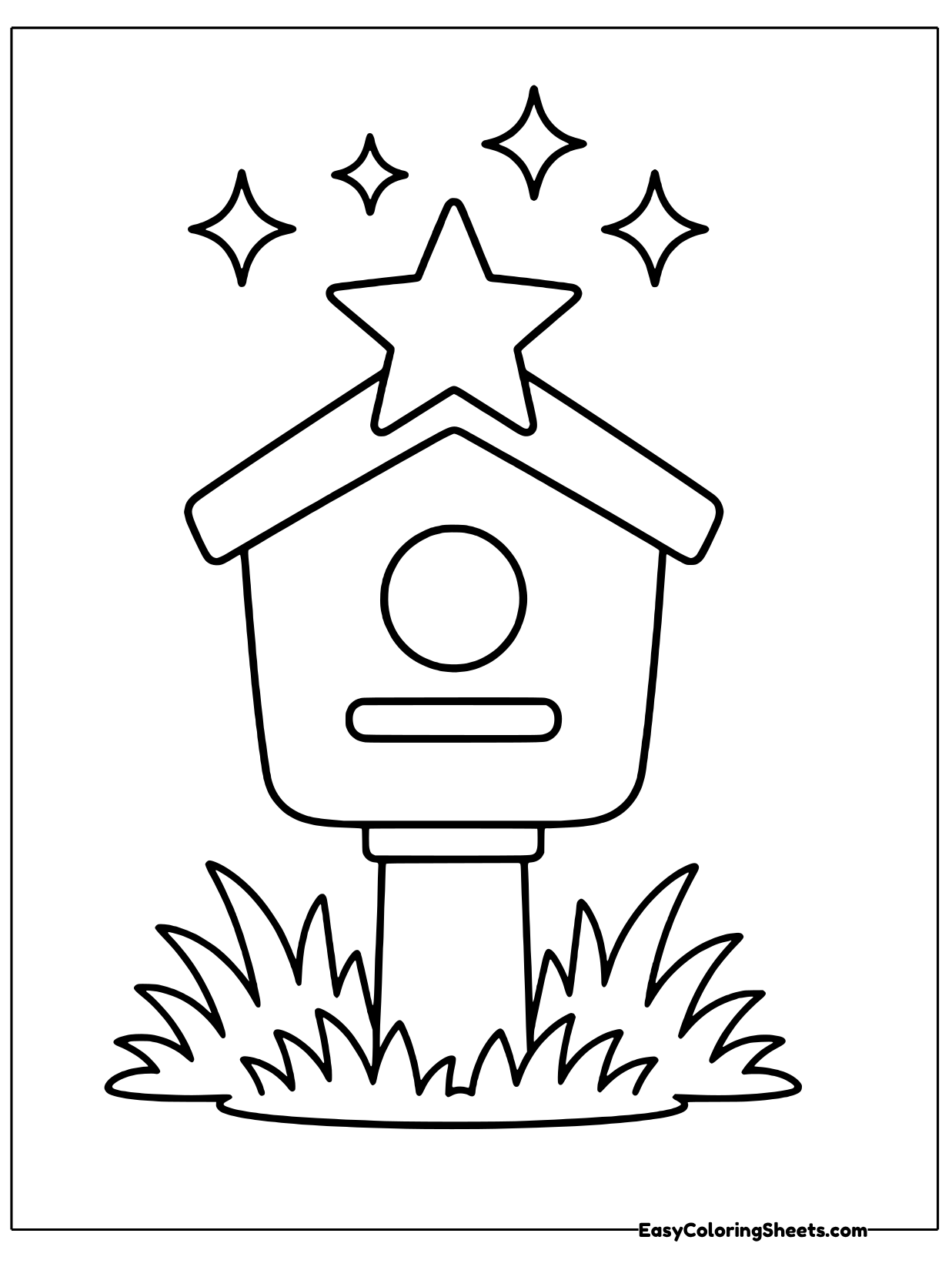 A wooden birdhouse on a post stands in tall grass with a star on its roof and sparkles above.
