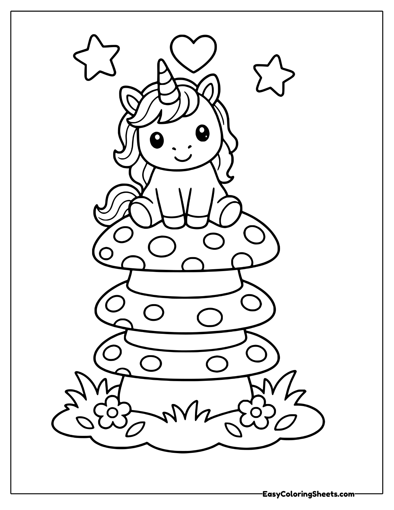 Unicorn perched on a spotted mushroom tower