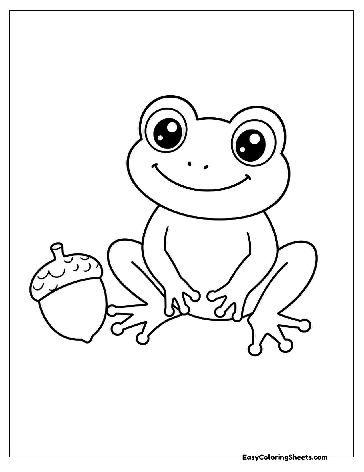 Frog sitting next to an acorn with a textured cap