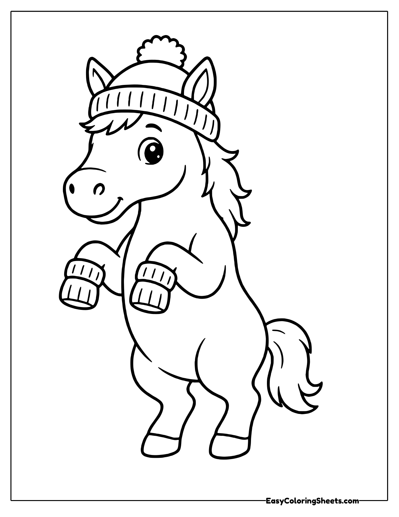 Prancing horse wearing a knit winter hat with a pom pom