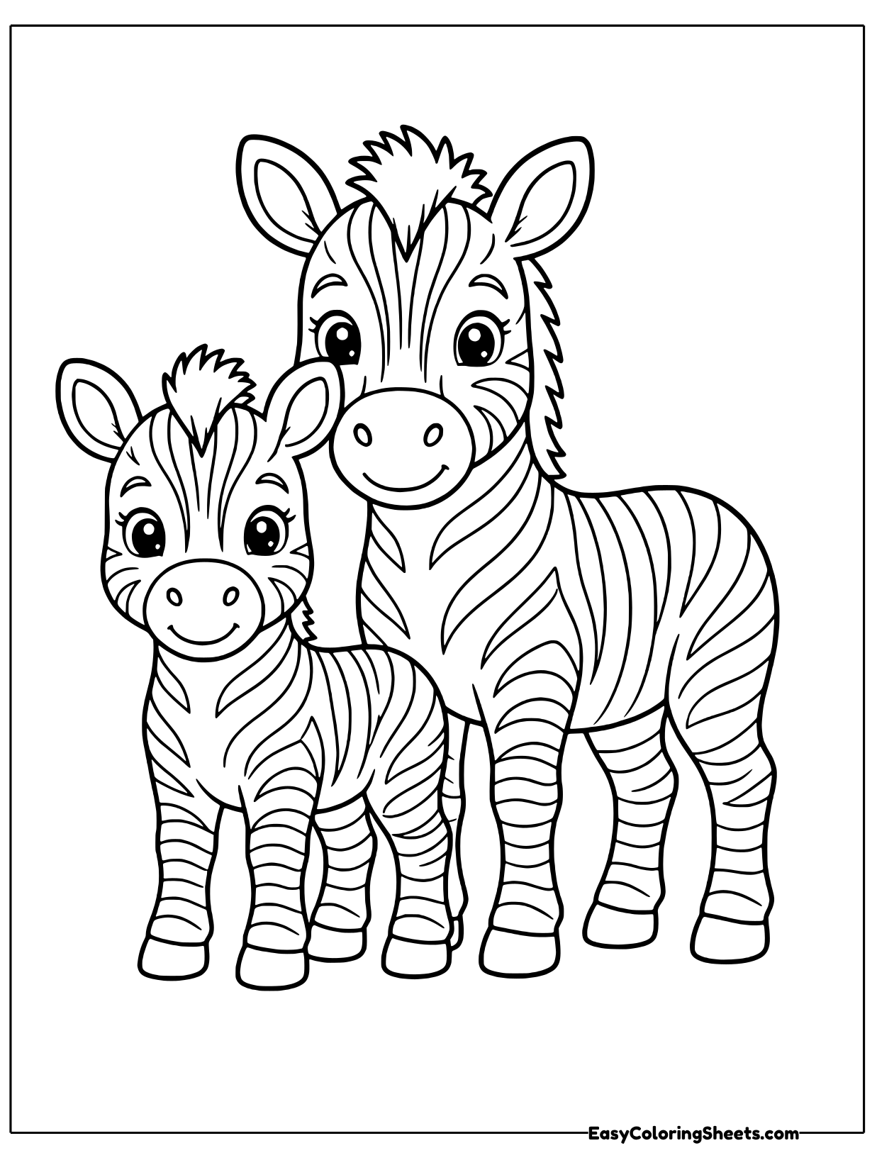 A mother zebra stands beside her little foal, both looking out with happy faces and bushy manes.