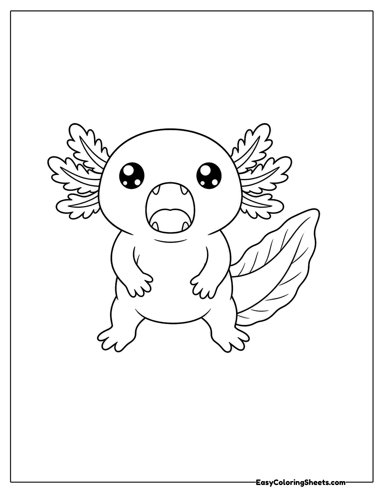 A sleepy axolotl opens its mouth in a big yawn while sitting with its tail curled up beside it.