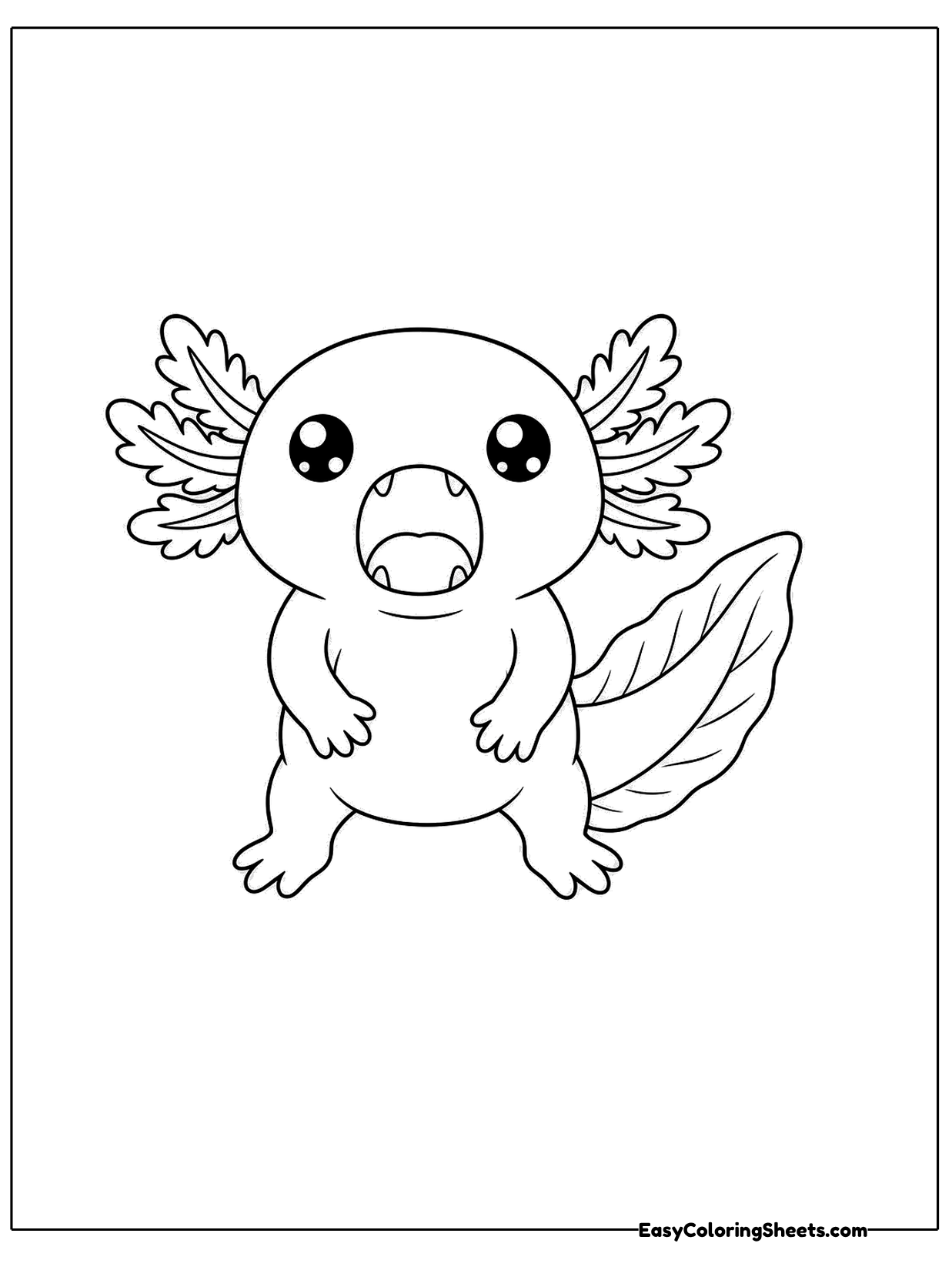 A sleepy axolotl opens its mouth in a big yawn while sitting with its tail curled up beside it.