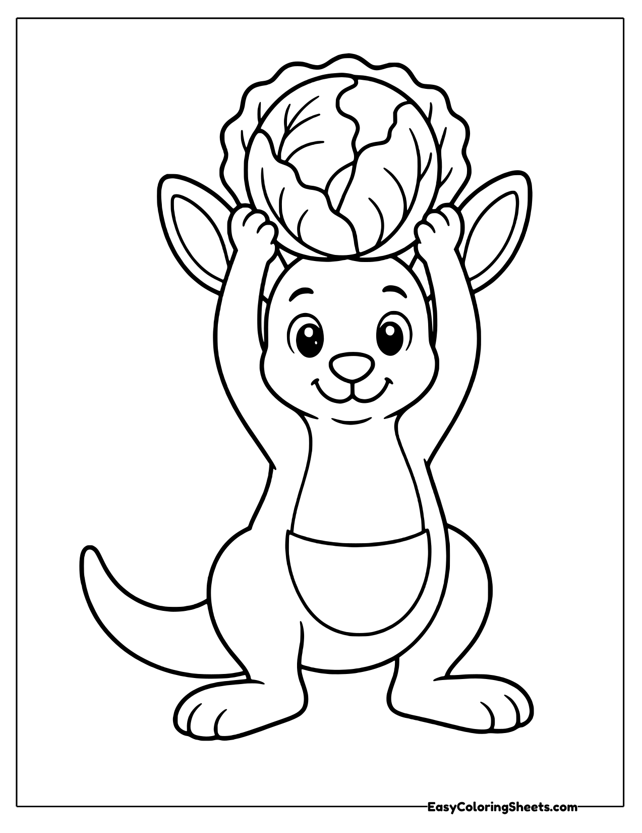 Happy kangaroo lifting a round leafy cabbage high overhead