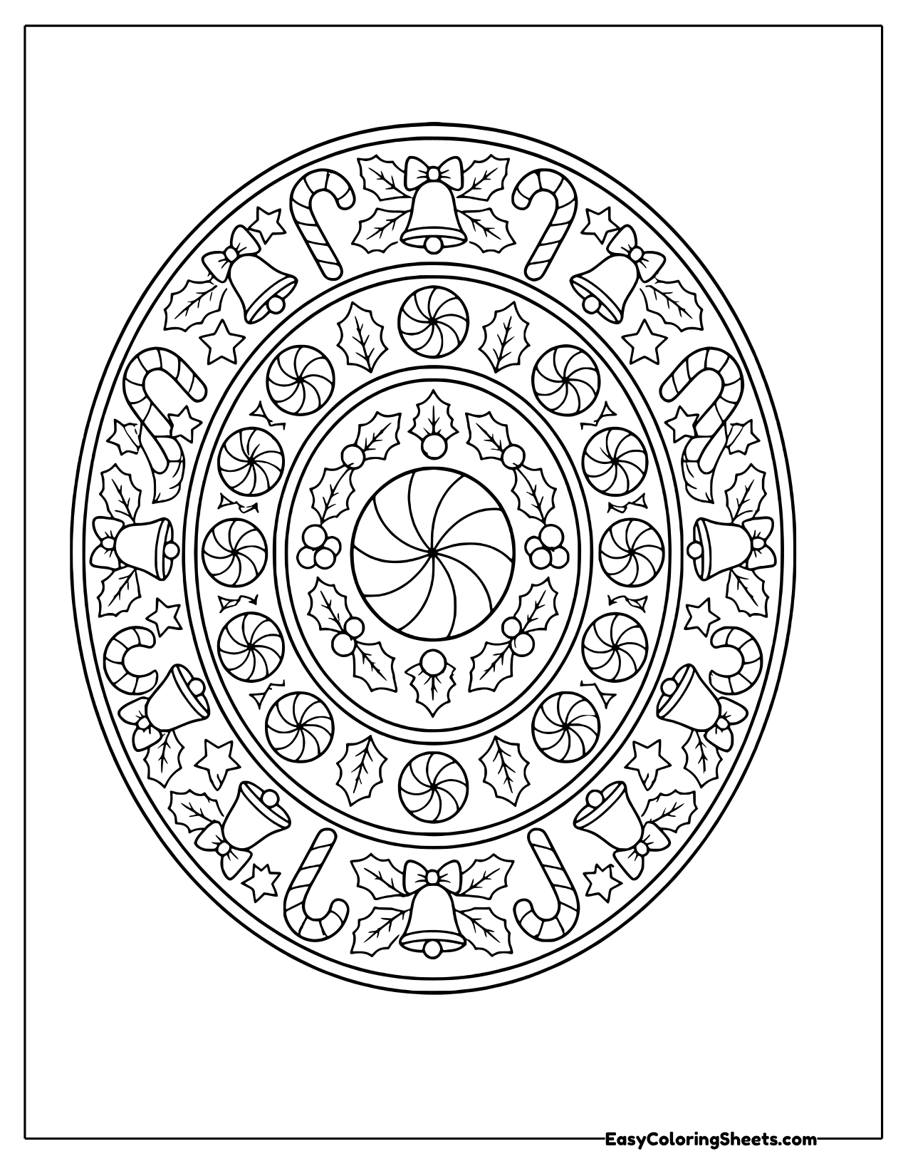 An oval mandala has a swirling peppermint candy at its center surrounded by rings of candy canes, leaves and small patterns.