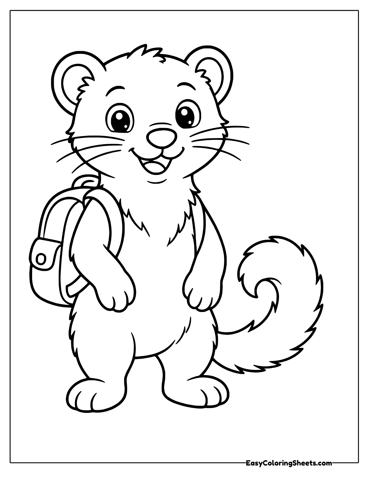 Weasel standing upright wearing a small backpack