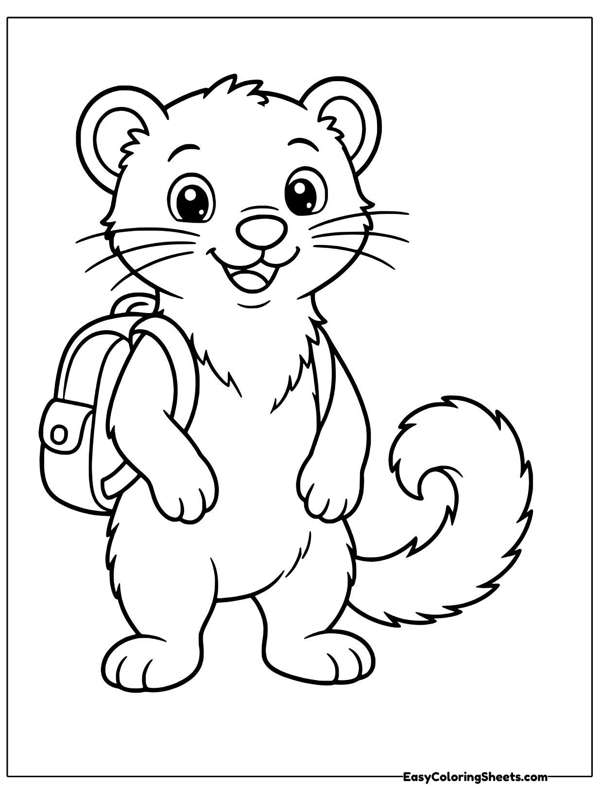 A friendly weasel stands upright wearing a small backpack with a buckle pocket, ready for a fun adventure.